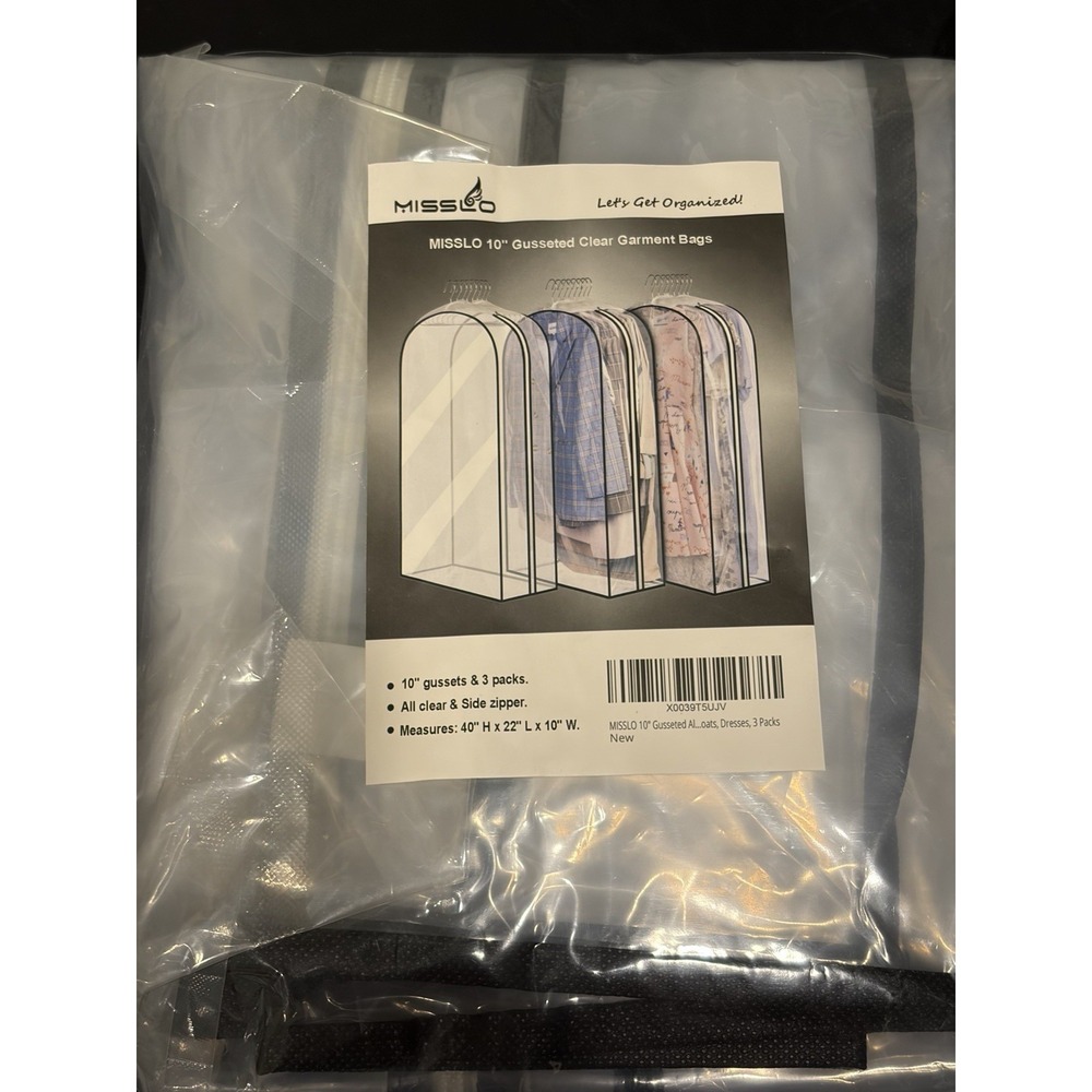 MISSLO Let's Get Organized 3-PK CLEAR GARMENT BAGS 32" H x 22" L x 10" W NEW